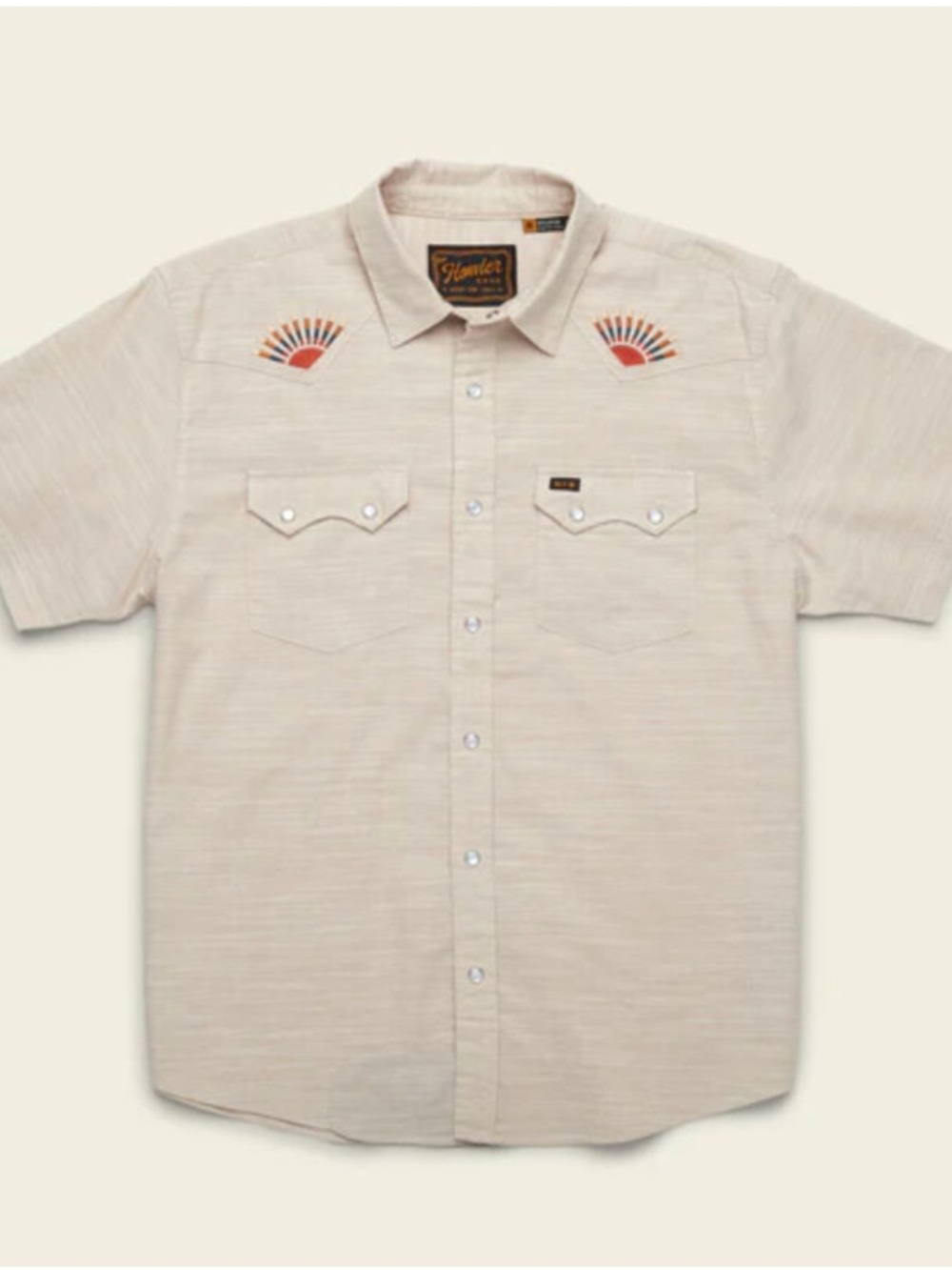 Howler Brothers Short Sleeve Button-Down Shirt - Cream with Orange Accents M
